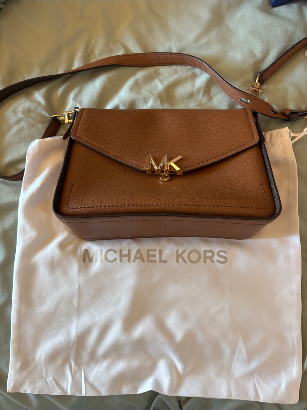 Michael Kors Tan Pebbled Leather MK Logo Crossbody